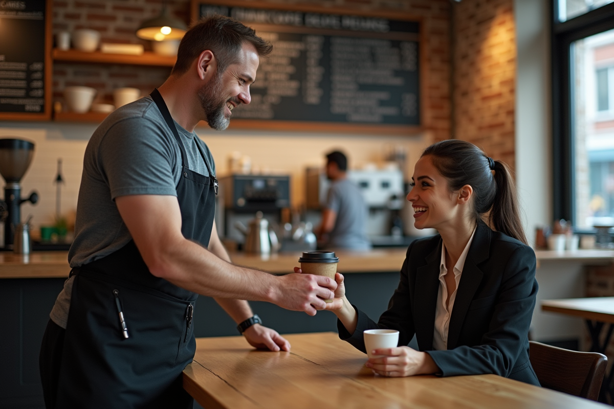 Barista et cliente souriant dans un café chaleureux