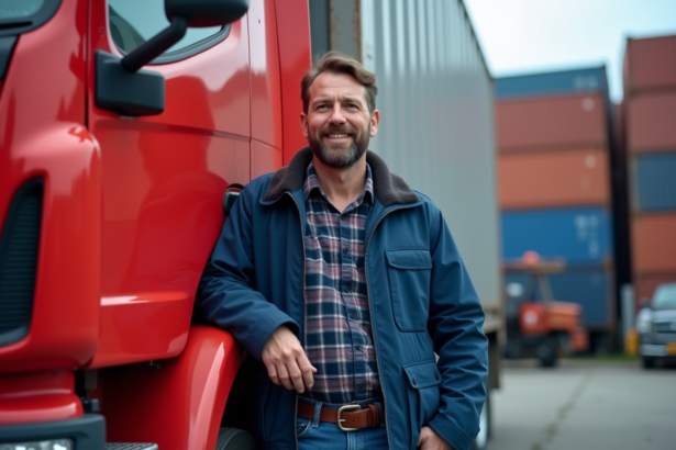 Conducteur de camion d'âge moyen appuyé contre un gros camion rouge