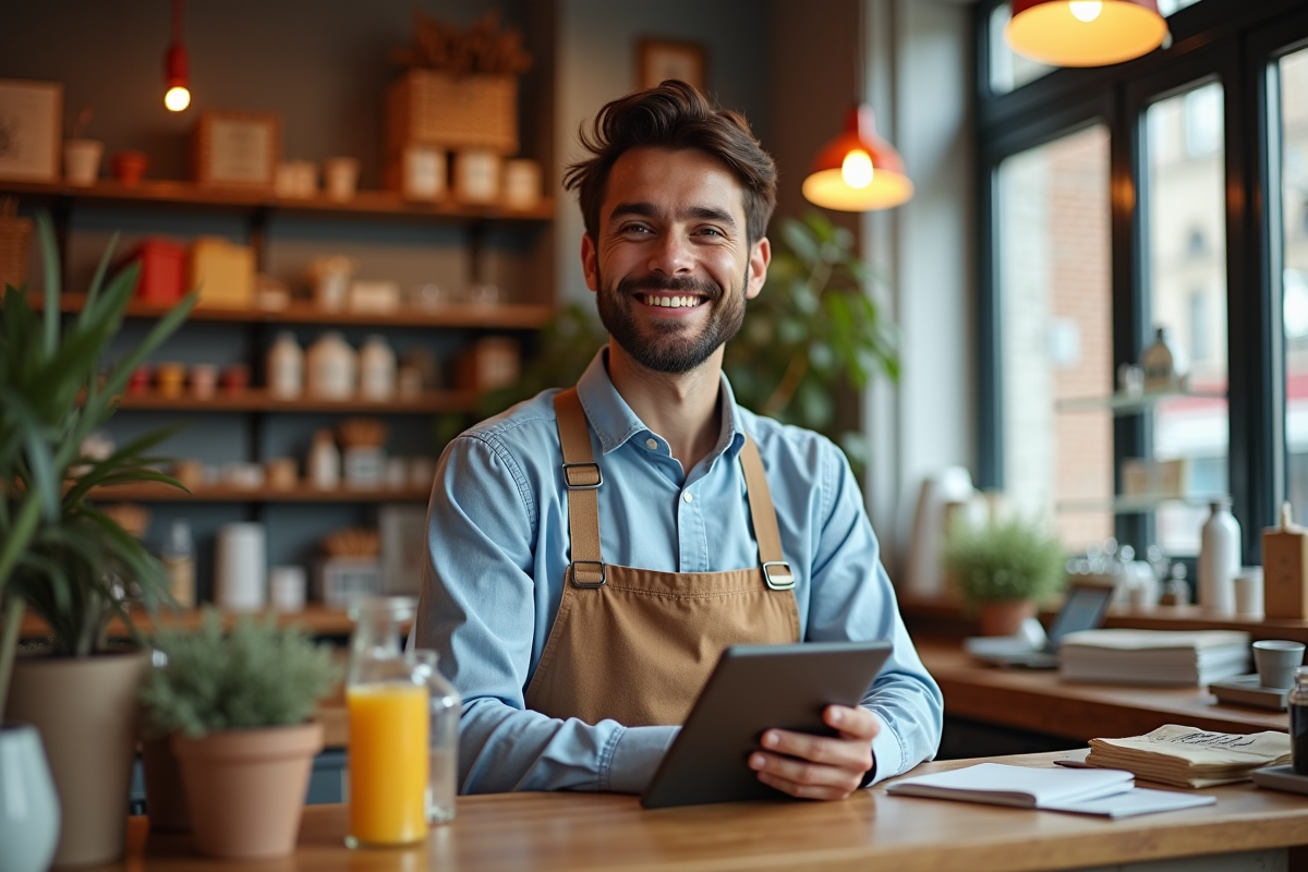Commercant utilisant une tablette dans une boutique chaleureuse