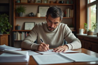 Écrivain homme signant des papiers dans son bureau chaleureux