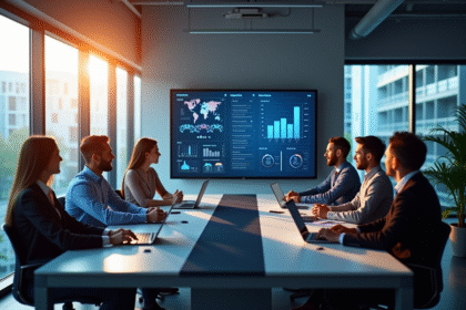 Equipe d'affaires analysant des données CRM modernes