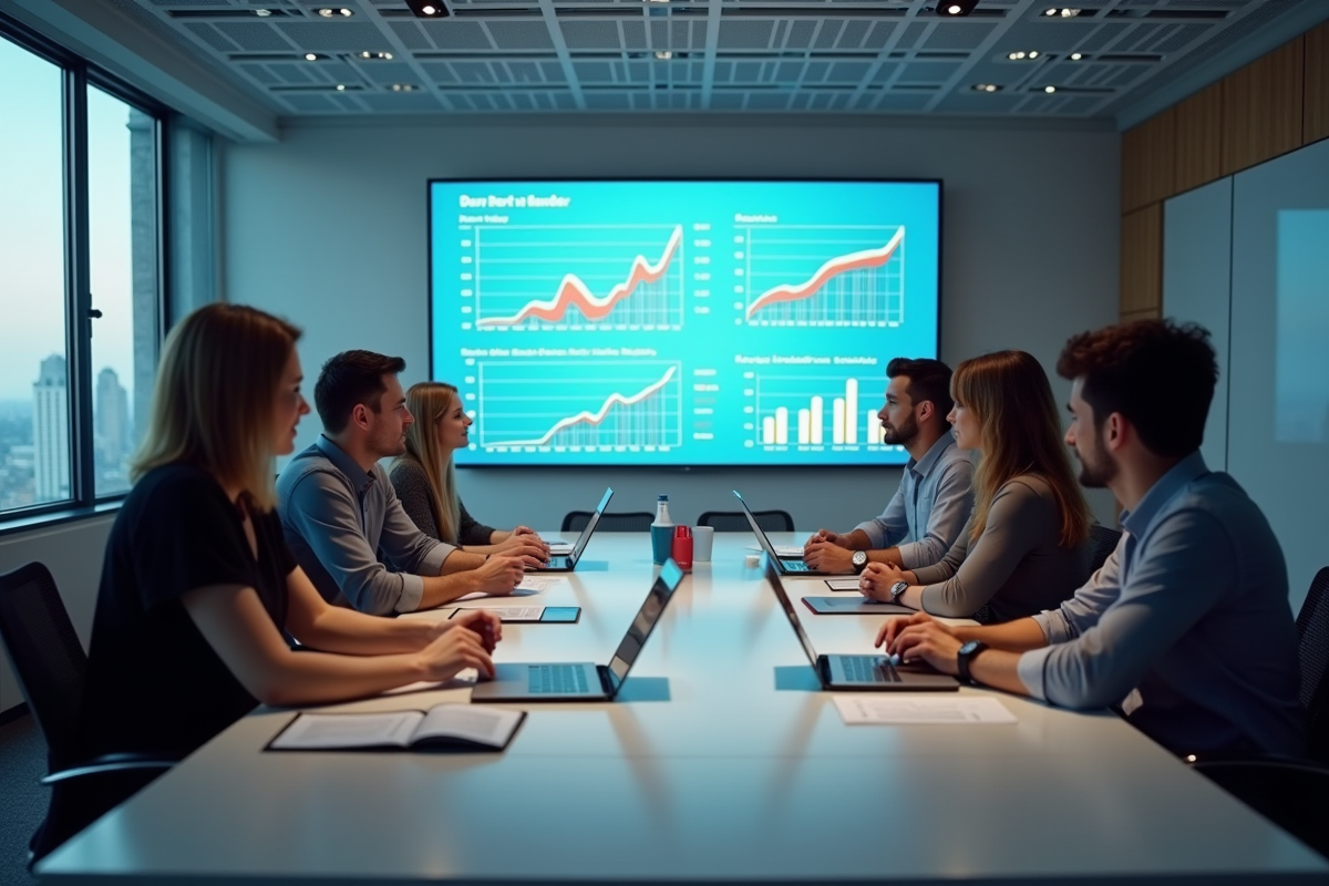 Equipe créative collaborant autour d une table avec tableau digital