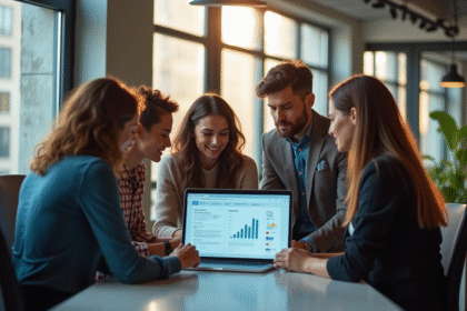 Petite equipe d entrepreneurs analysant des graphiques marketing