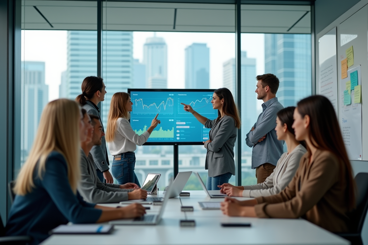 Equipe marketing discutant autour d