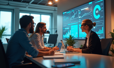 Espace de travail moderne avec équipe analysant des graphiques