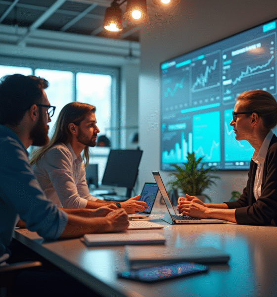 Espace de travail moderne avec équipe analysant des graphiques