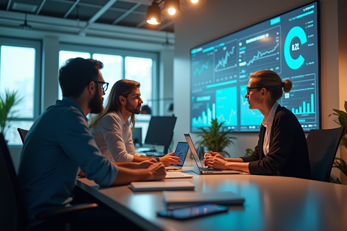 Espace de travail moderne avec équipe analysant des graphiques