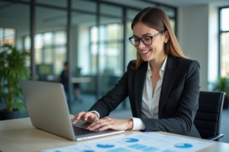 Femme d'affaires analysant des graphiques sur un laptop