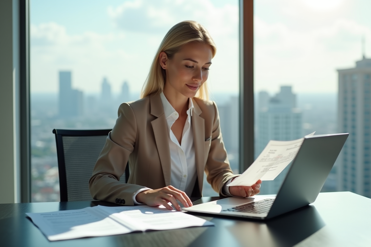 Femme d'affaires confiante travaillant sur ses finances