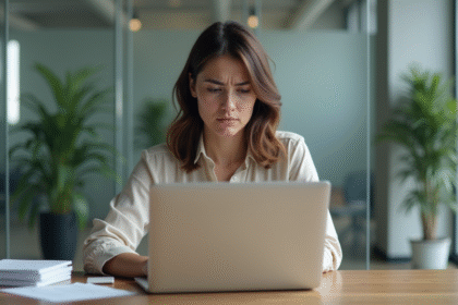 Jeune femme au bureau lisant un email avec expression pensive