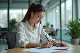 Femme en tenue d'affaires travaillant au bureau moderne