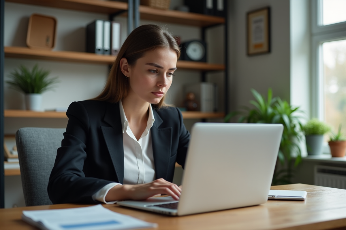 Jeune femme au bureau à domicile travaillant sur son ordinateur