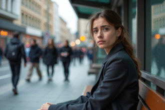 Jeune femme pensante assise sur un banc en ville
