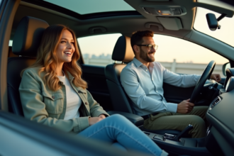 Jeune femme en voiture discutant avec le conducteur dans l'habitacle