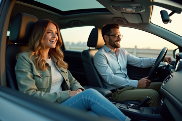 Jeune femme en voiture discutant avec le conducteur dans l'habitacle