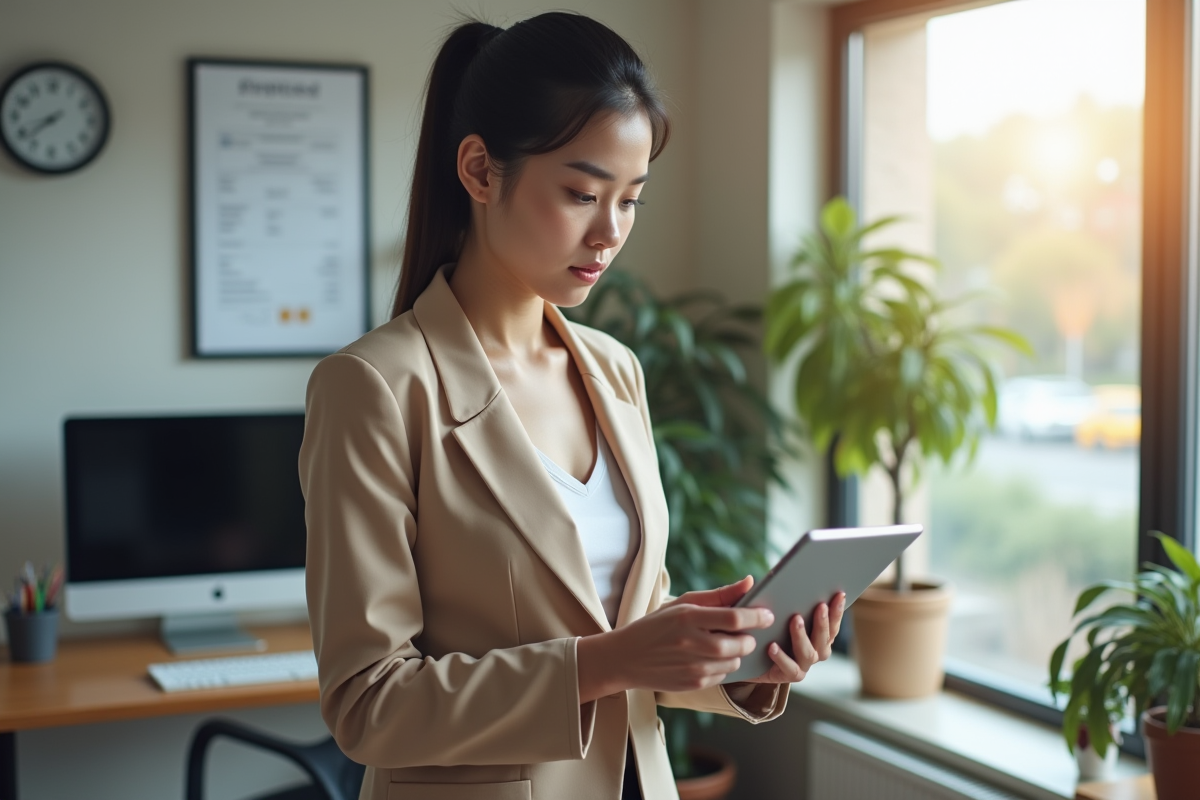 Jeune femme examinant des factures numériques au bureau