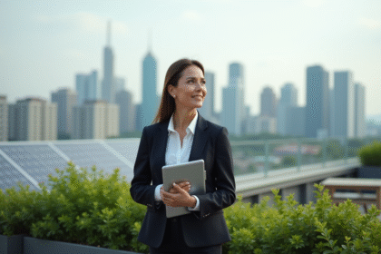 Femme d'affaires regardant l'horizon sur un rooftop urbain