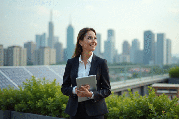 Femme d'affaires regardant l'horizon sur un rooftop urbain