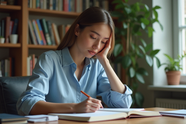 Jeune femme écrivant dans un bureau calme et studieux