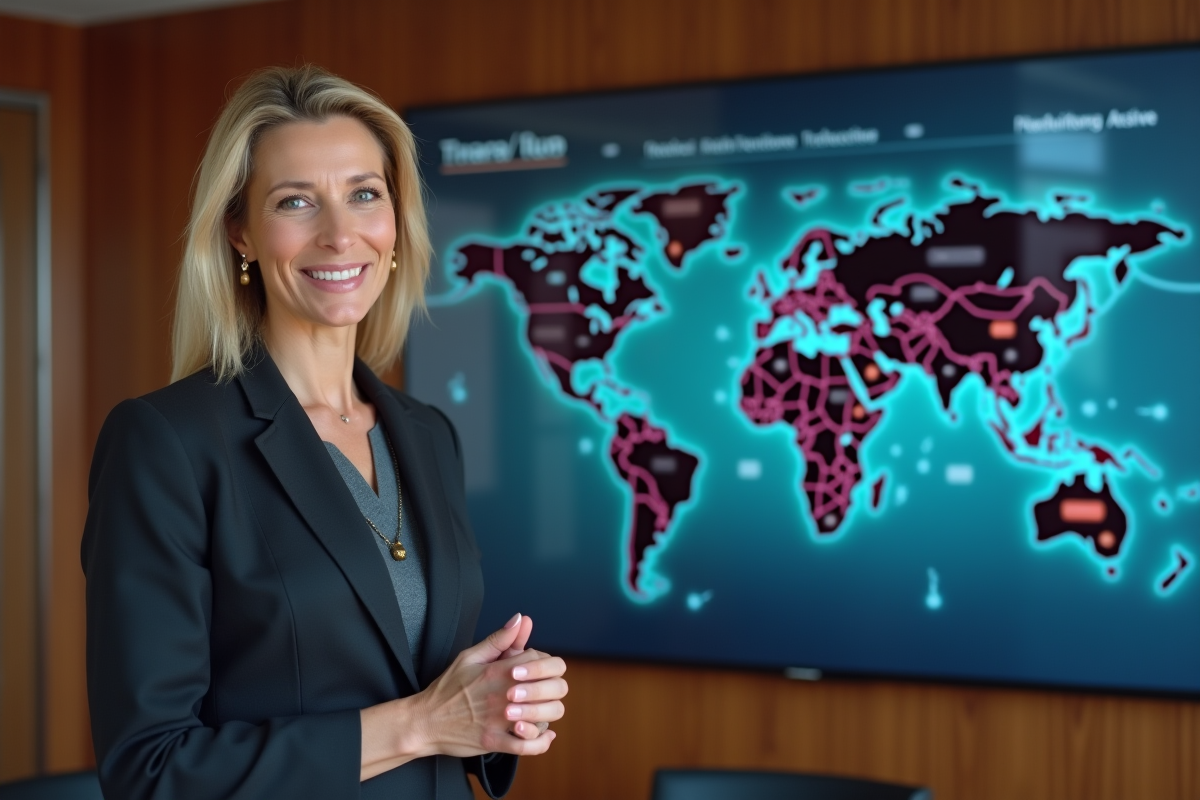 Femme confiante expliquant des graphiques devant un mur mondial