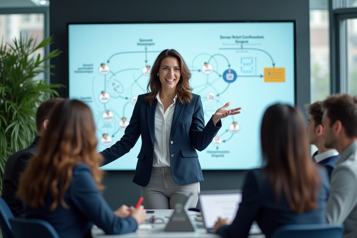 Femme professionnelle en formation réseautage en salle moderne