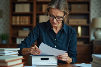 Femme organisée plaçant des documents dans une boîte-fichier