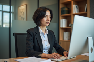 Femme organisée devant un ordinateur dans un bureau moderne