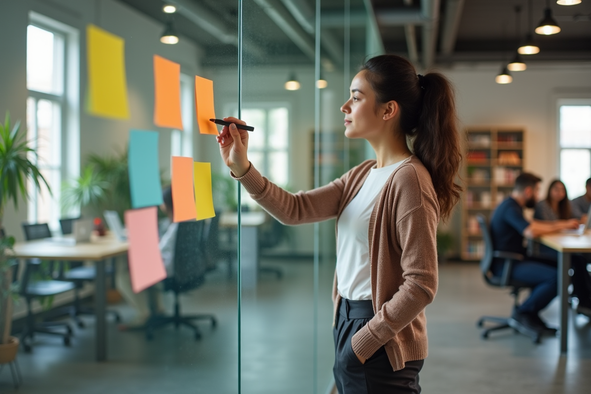 Jeune femme planifiant sur un tableau en verre dans un espace de coworking