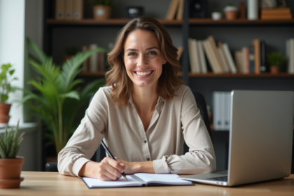 Femme concentrée dans son bureau organisé pour article