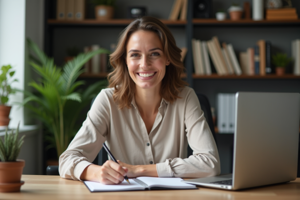Femme concentrée dans son bureau organisé pour article
