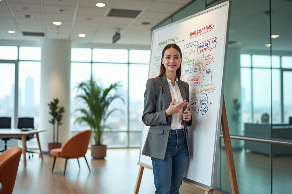 Jeune femme présentant des diagrammes marketing sur un tableau blanc