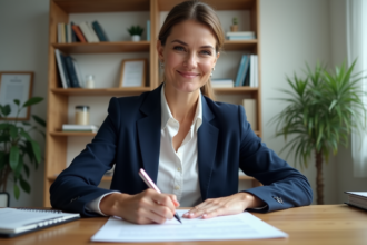 Femme professionnelle écrivant une lettre dans un bureau organisé