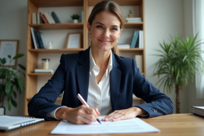 Femme professionnelle écrivant une lettre dans un bureau organisé