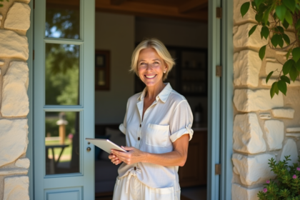 Femme souriante devant un cottage rural rénové accueillant