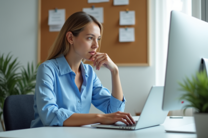 Femme concentrée travaillant sur son ordinateur dans un bureau moderne