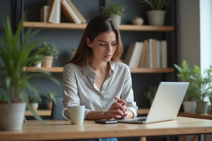 Jeune femme travaillant sur ordinateur dans un bureau moderne