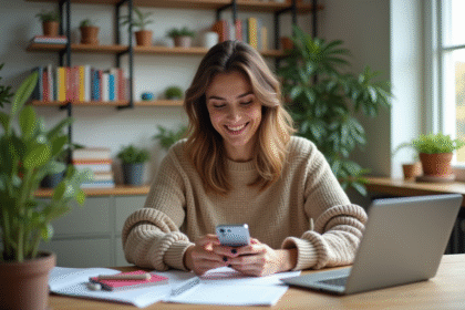 Femme souriante utilisant son smartphone dans un bureau moderne