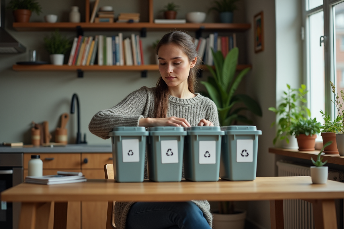 Jeune femme triant des déchets dans un intérieur cosy