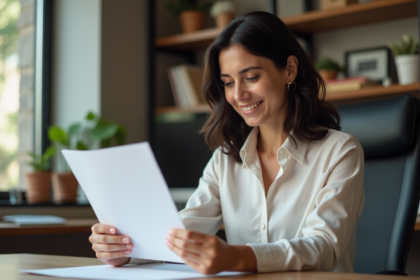 Femme examinant un certificat dans un bureau moderne