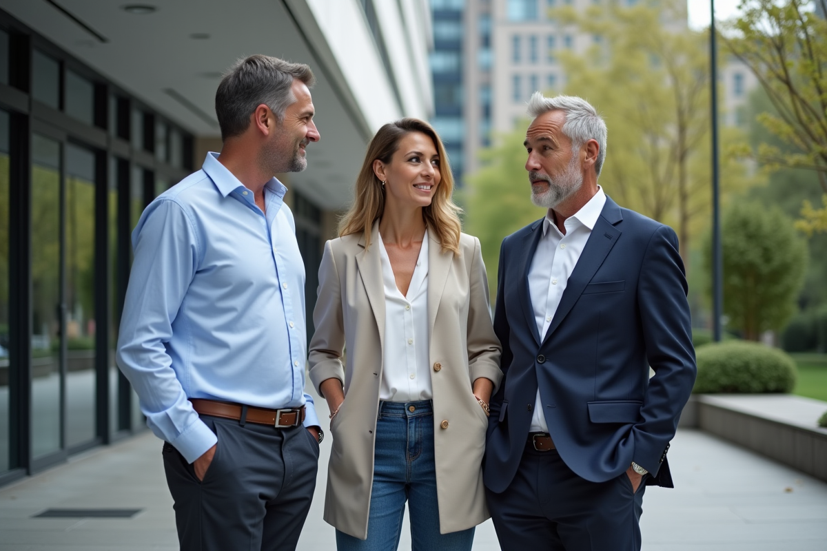 Trois collègues discutant dehors près d