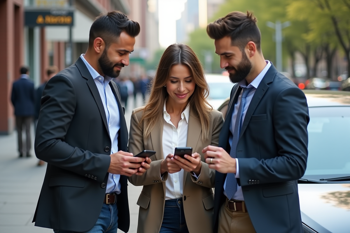 Trois jeunes adultes discutant devant une voiture en ville