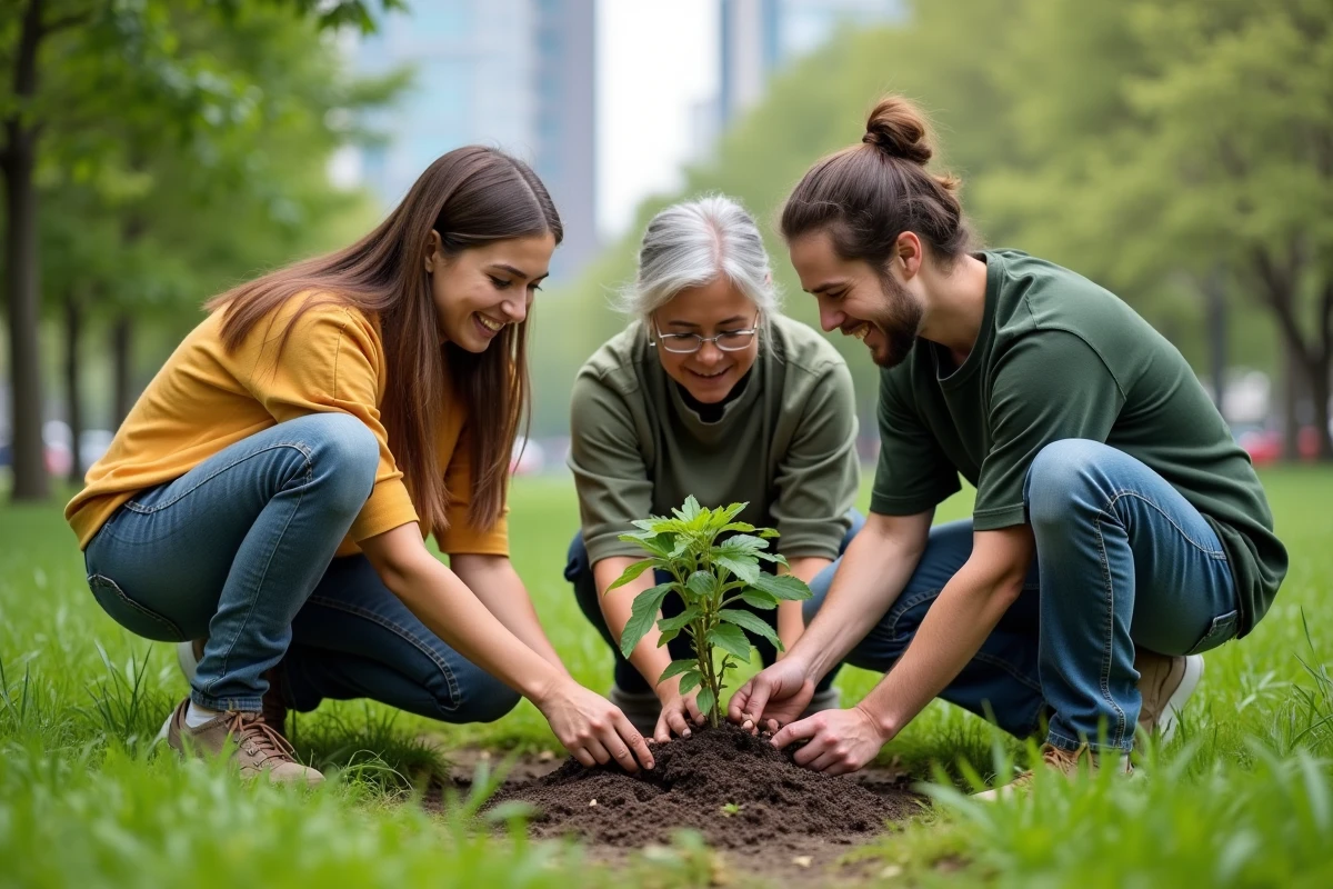 Groupe de jeunes plantant un arbre dans un parc urbain