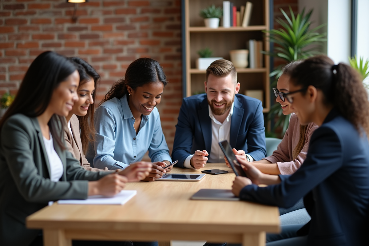 Groupe de jeunes professionnels en atelier interactif en coworking