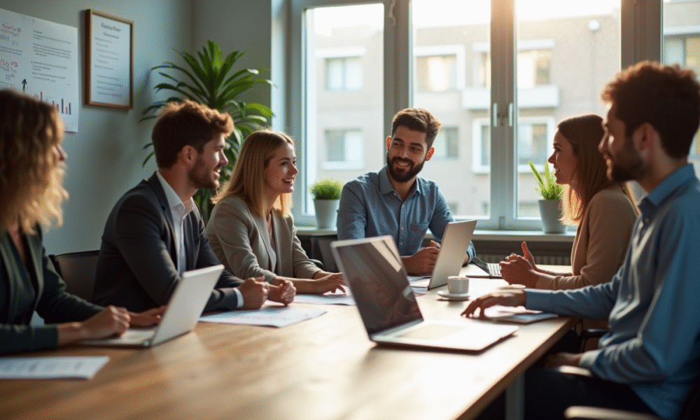 Groupe de jeunes professionnels en réunion dans un bureau lumineux