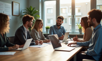 Groupe de jeunes professionnels en réunion dans un bureau lumineux
