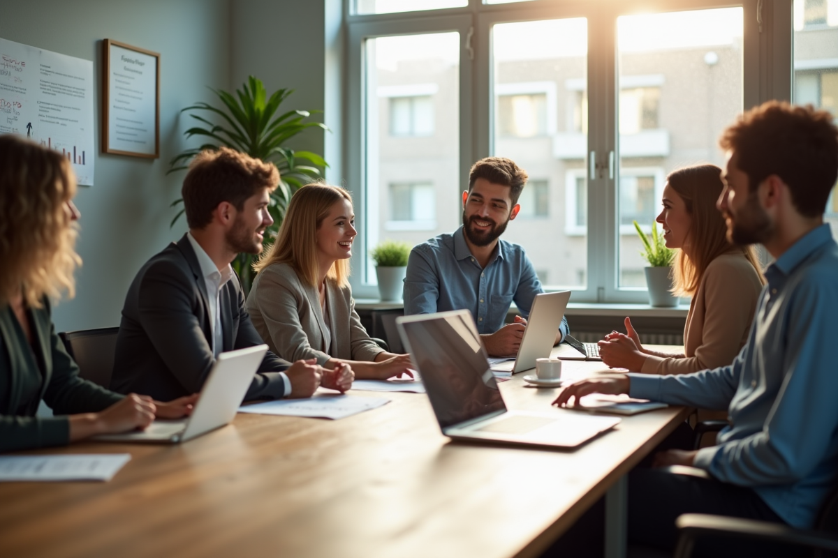 Groupe de jeunes professionnels en réunion dans un bureau lumineux