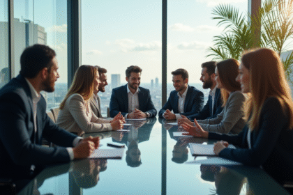 Groupe de professionnels en réunion dans un bureau moderne