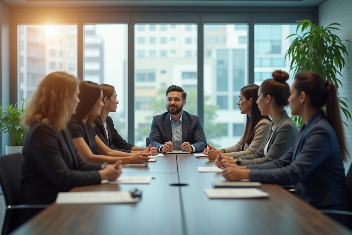 Groupe de professionnels en réunion dans un bureau lumineux