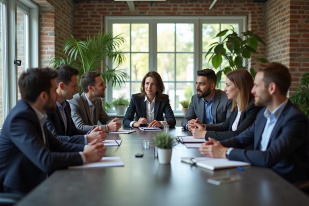 Groupe de professionnels en réunion dans un bureau moderne