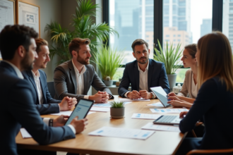 Groupe de professionnels discutant autour d'une table en entreprise